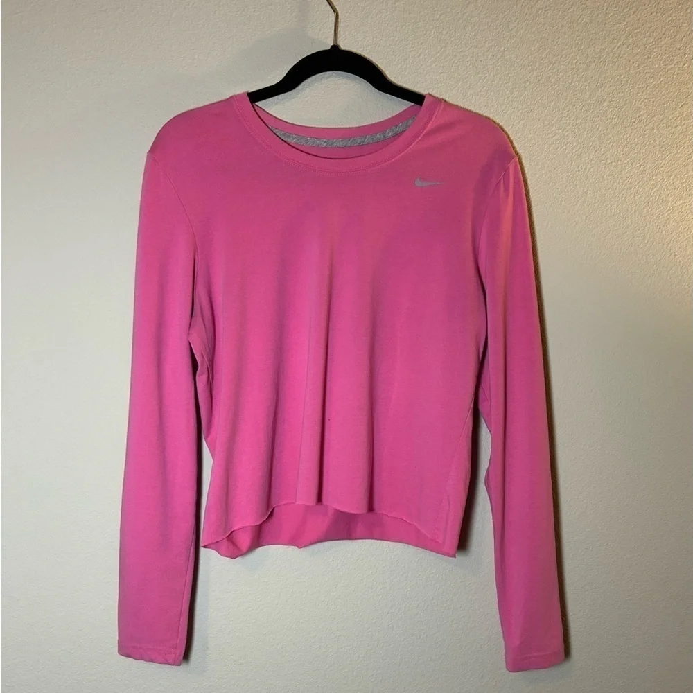 Nike Cropped Dri Fit Long Sleeve Large Pink Scissor Cut Athleisure Top Athletic